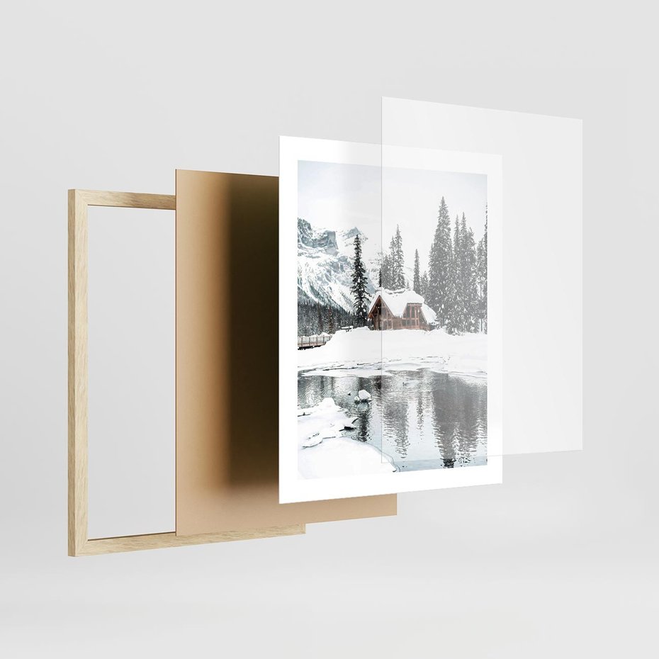 Plakat w ramie 40x50 - Urok Zimowego Krajobrazu - domek w górach, zima - rama drewno