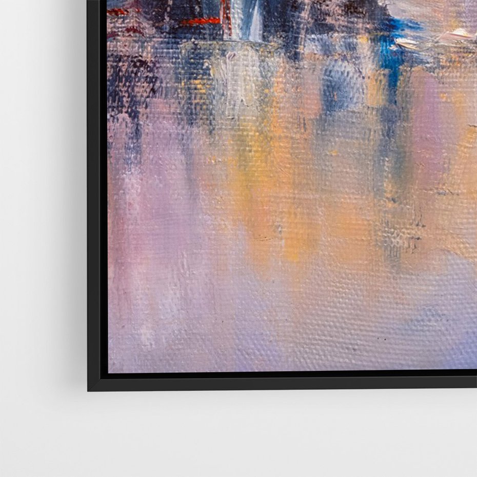 Obraz w ramie 70x100 - Miasto Refleksji - olejna panorama miasta w oddali, wiezowce odbijają się w rzece - rama czarna