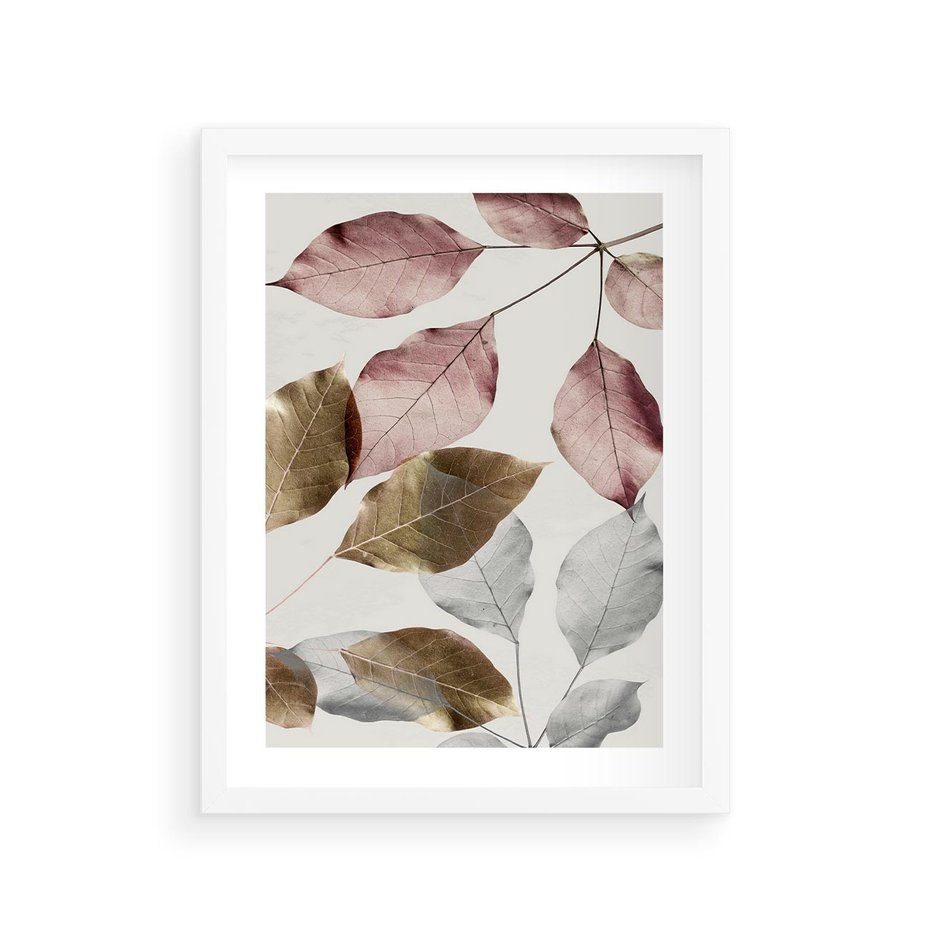 Plakat w ramie 30x40 - Pastelowe Liście z Nutką Złota - liście, pastelowe kolory - rama biała