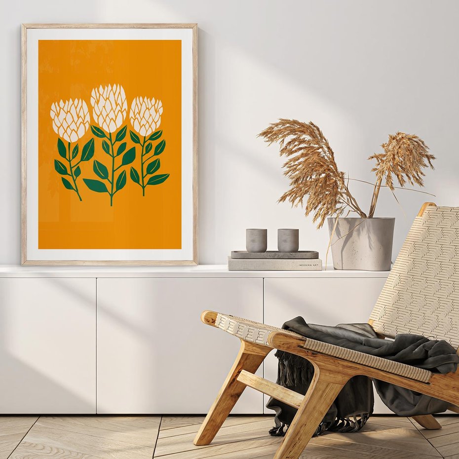 Plakat w ramie 40x50 - Kolorowe Impresje - abstrakcyjna kwiatowa kompozycja, żółte mocne tło - rama drewno