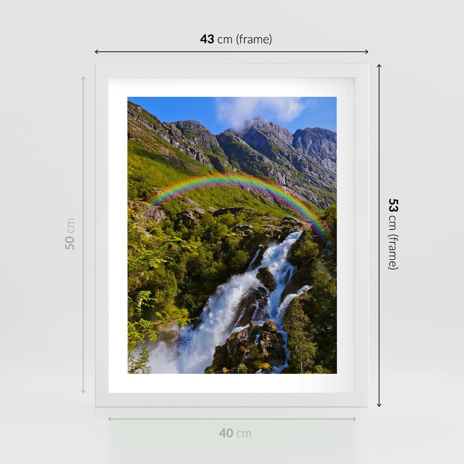 Plakat w ramie 40x50 - Tęczowe góry - harmonia kolorów - tęcza, góry - rama biała