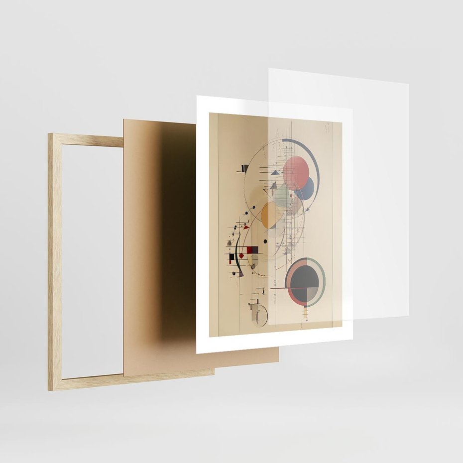 Plakat w ramie 40x50 - Impulsy Wydobyte z Cienia - abstrakcyjna geometryczna kompozycja, koła linie - rama drewno