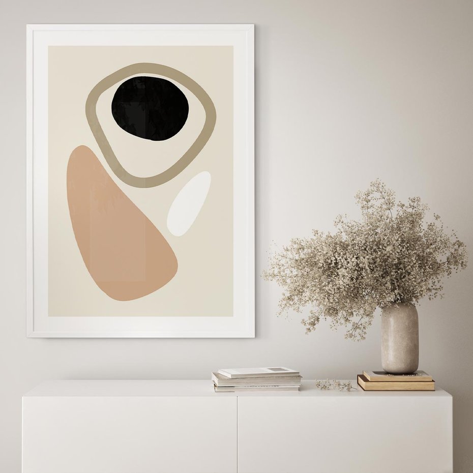 Plakat w ramie 50x70 - Beżowa Synergia - beżowa abstrakcyjna kompozycja, czarny akcent - rama biała