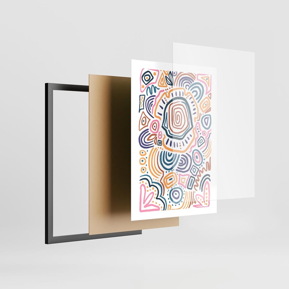 Plakat w ramie 50x70 - Strukturalne Odbicia Boho - kolorowe etniczne wzory, tęczowe żywe kolory - rama czarna