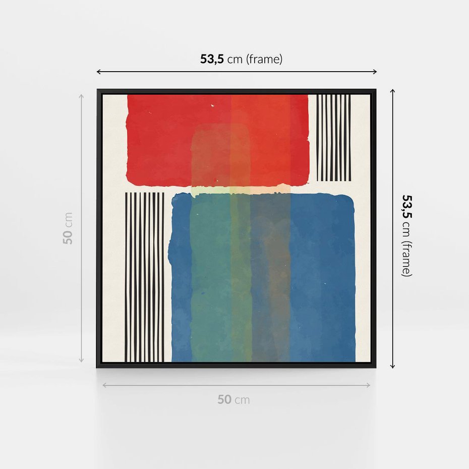 Obraz w ramie 50x50 - Kolorowe Spektrum - kolorowa geometria, prostokąty w intensywnych kształtach i czarne kreski - rama czarna
