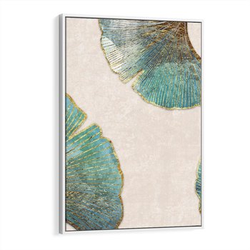 Obraz w ramie 50x70 - Złota Melodia Liści - złote, turkusowe liście miłorzębu - rama biała