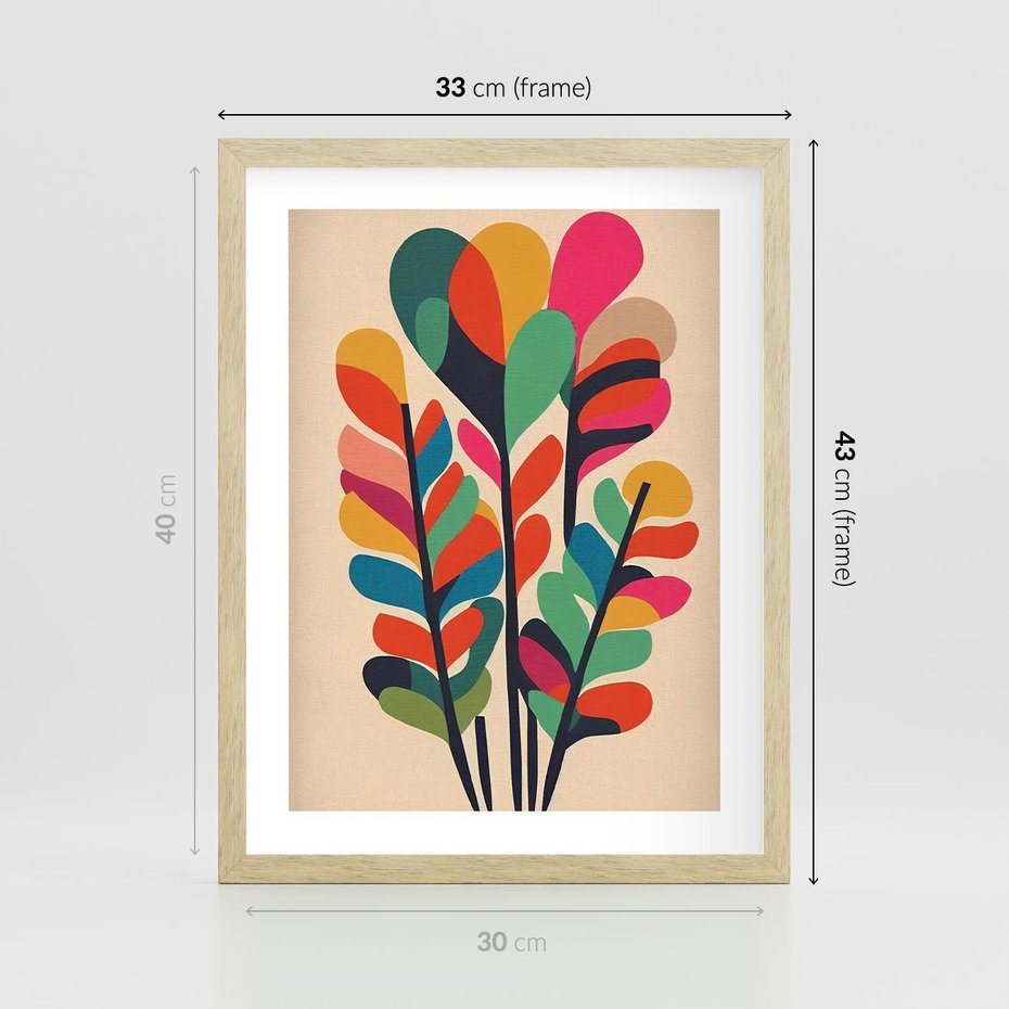 Plakat w ramie 30x40 - Symfonia Wzrokowych Impresji - abstrakcyjny kolorowy tęczowy obraz, inspiracje roślinne - rama drewno