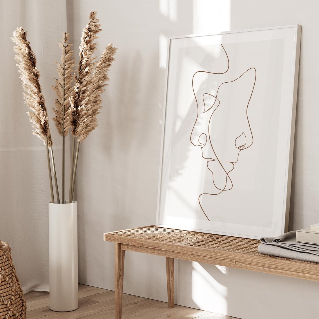 Plakat w ramie 50x70 - Jedna Linia, Dwie Twarze - minimalistyczny plakat, dwie twarze - rama biała