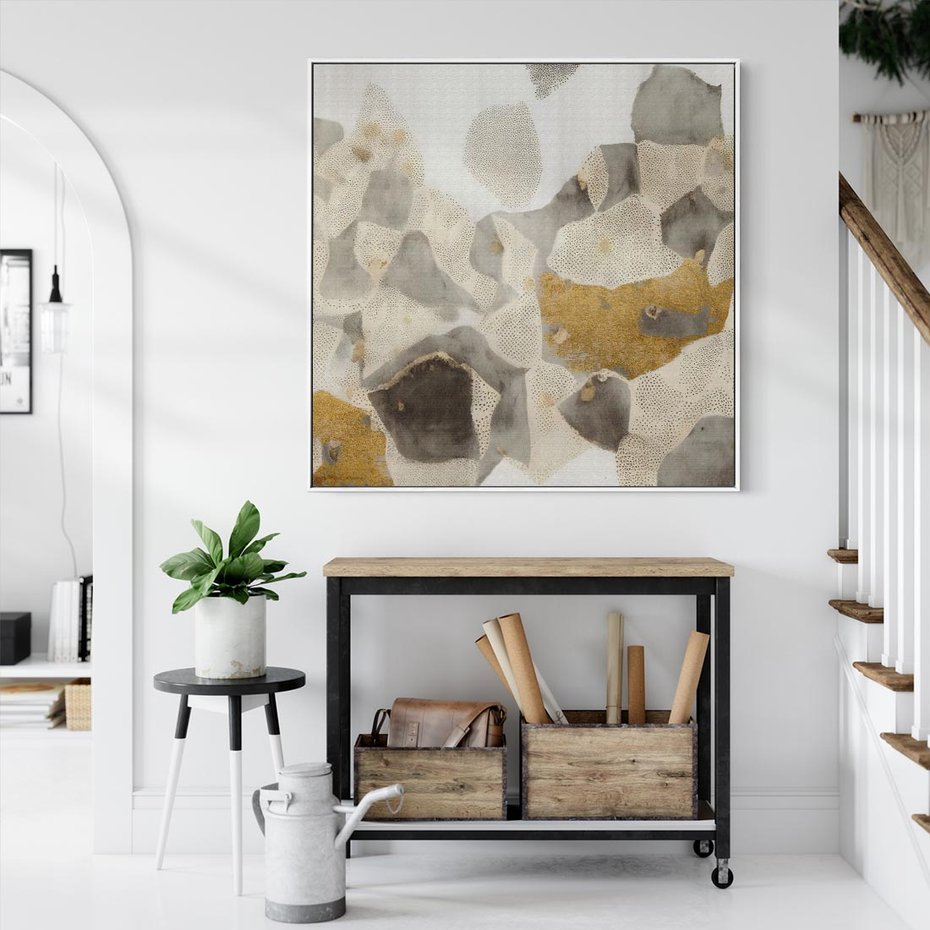 Obraz w ramie 80x80 - Nowoczesne Złoto i Szarość - plamy, złoto - rama biała