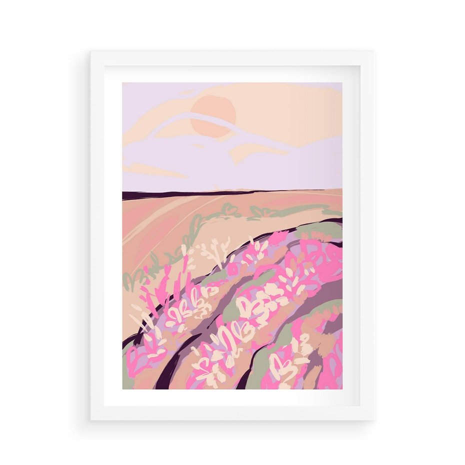 Plakat w ramie 50x70 - Harmonijny Świt - pastelowy krajobraz, nowoczesny plakat - rama biała