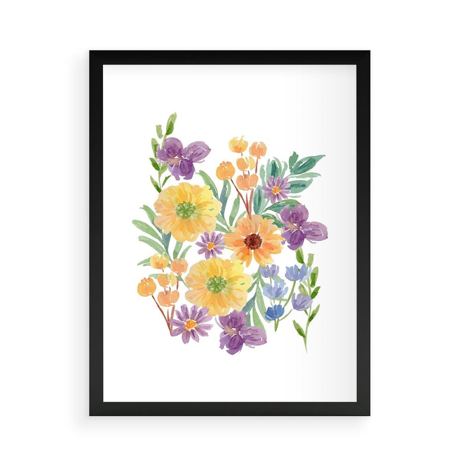 Plakat w ramie 50x70 - Kwiatowe Wibracje - akwarelowe polne kwiaty, minimalistyczny plakat - rama czarna