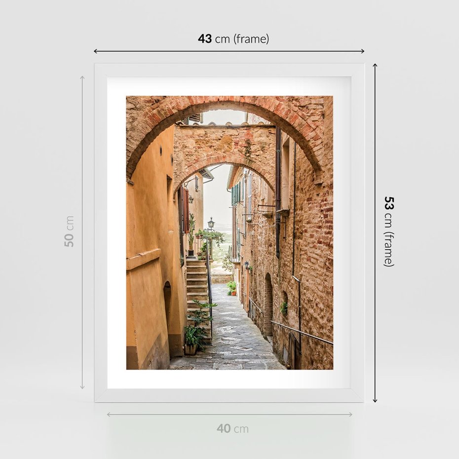 Plakat w ramie 40x50 - Magiczna podróż w głąb miasta - uliczka, perspektywa - rama biała