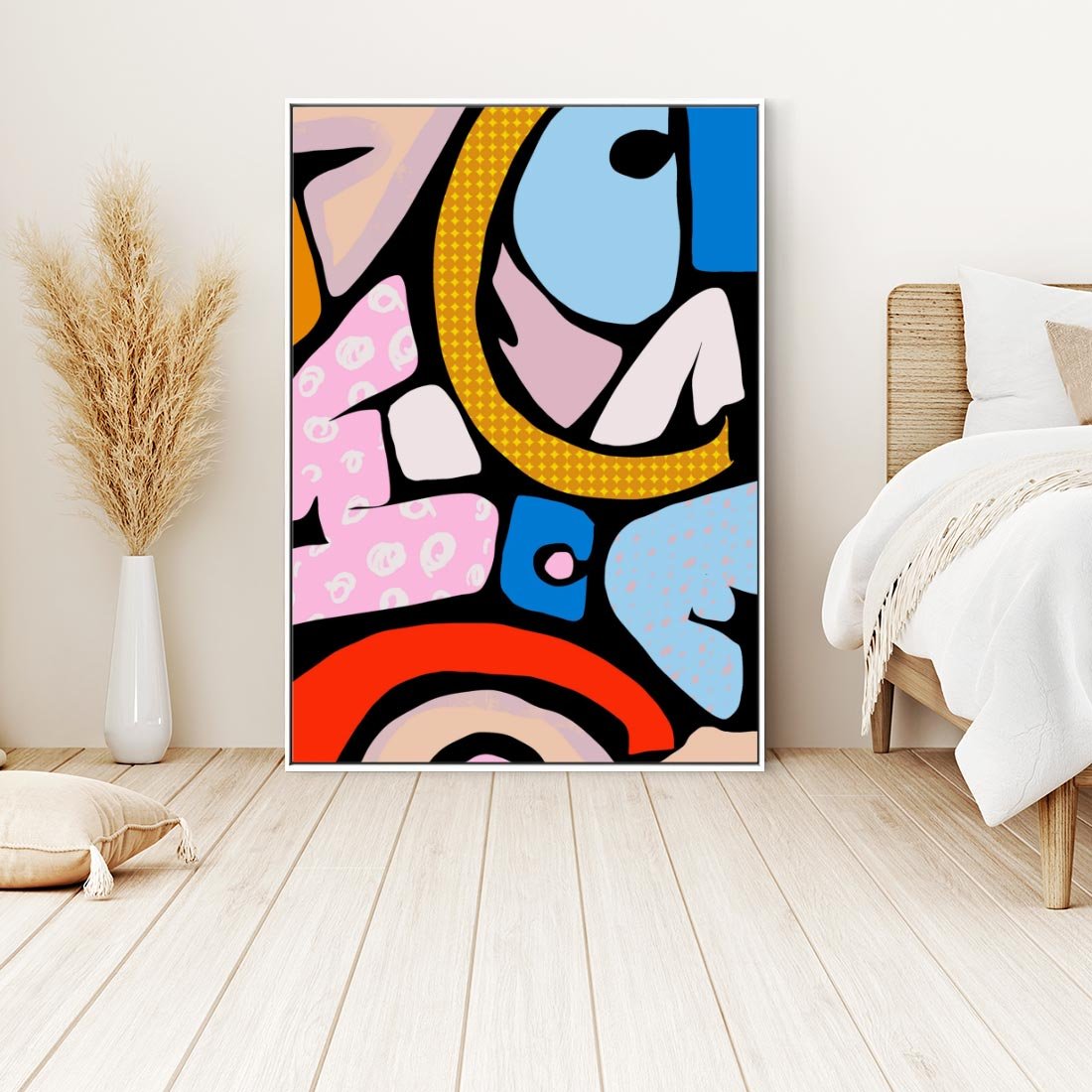 Obraz w ramie 70x100 - Kolory Komiksu - abstrakcyjne formy, komiksowy styl - rama biała