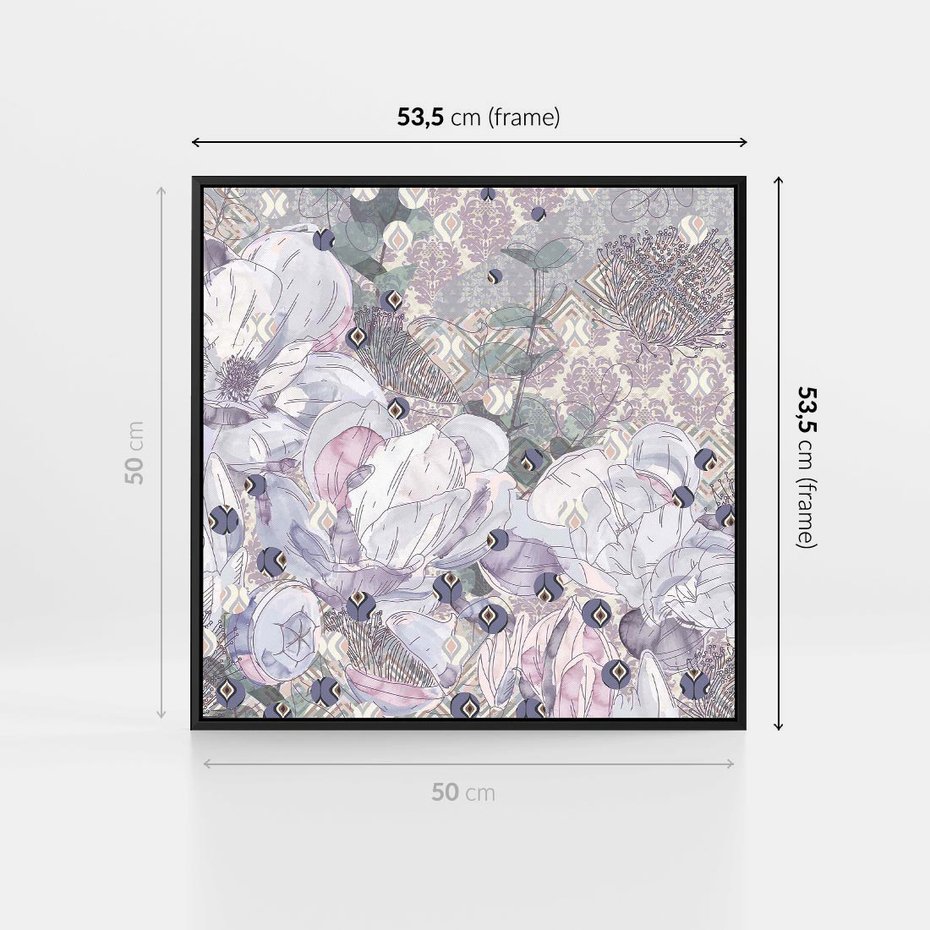 Obraz w ramie 50x50 - Malowane oddechy istnienia - pomieszane tekstury, kwiatowe elementy - rama czarna