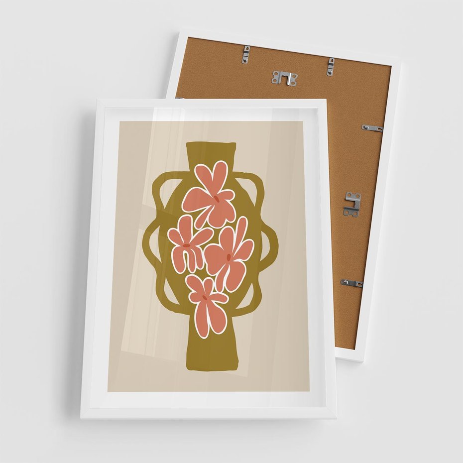 Plakat w ramie 50x70 - Rozbijające Formy - abstrakcyjny plakat, kwiaty na wazonie - rama biała