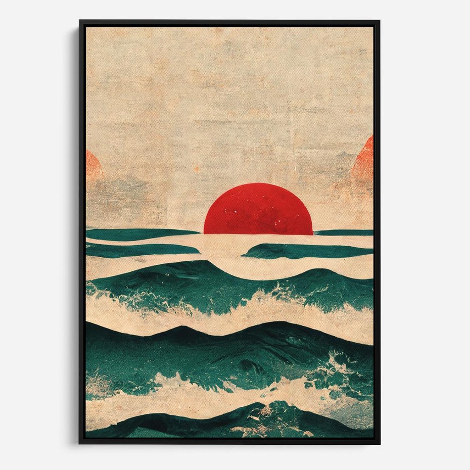 Obraz w ramie 50x70 - Czerwone Melodie - japońska sztuka, zachód słońca nad oceanem - rama czarna