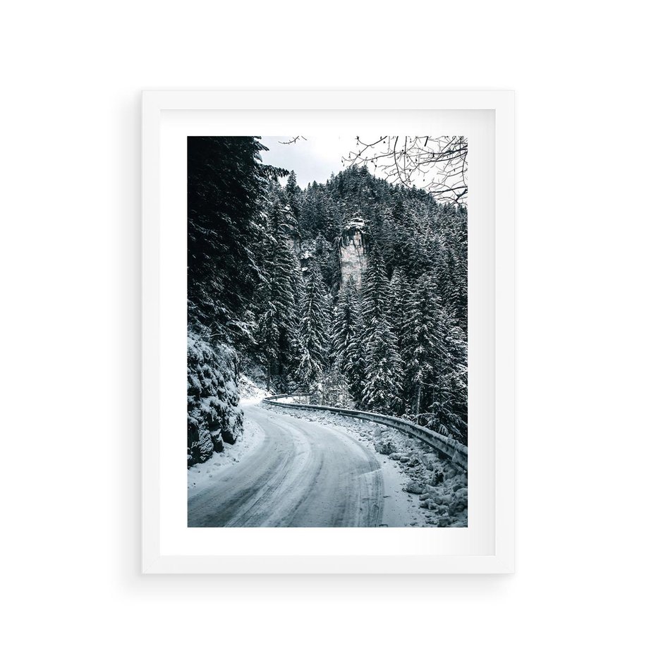Plakat w ramie 30x40 - Zimowa Przygoda - zima w górach, droga - rama biała