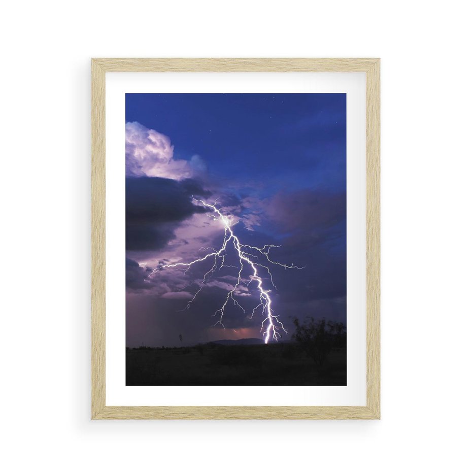 Plakat w ramie 40x50 - Burza z błyskawicami nad horyzontem - burza, błyskawica - rama drewno
