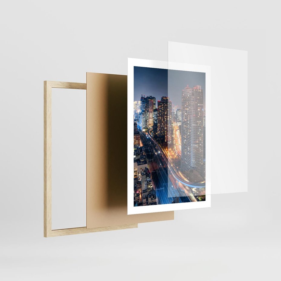 Plakat w ramie 50x70 - Miasto nocą z wieżowcami w tle - miasto, nocą - rama drewno