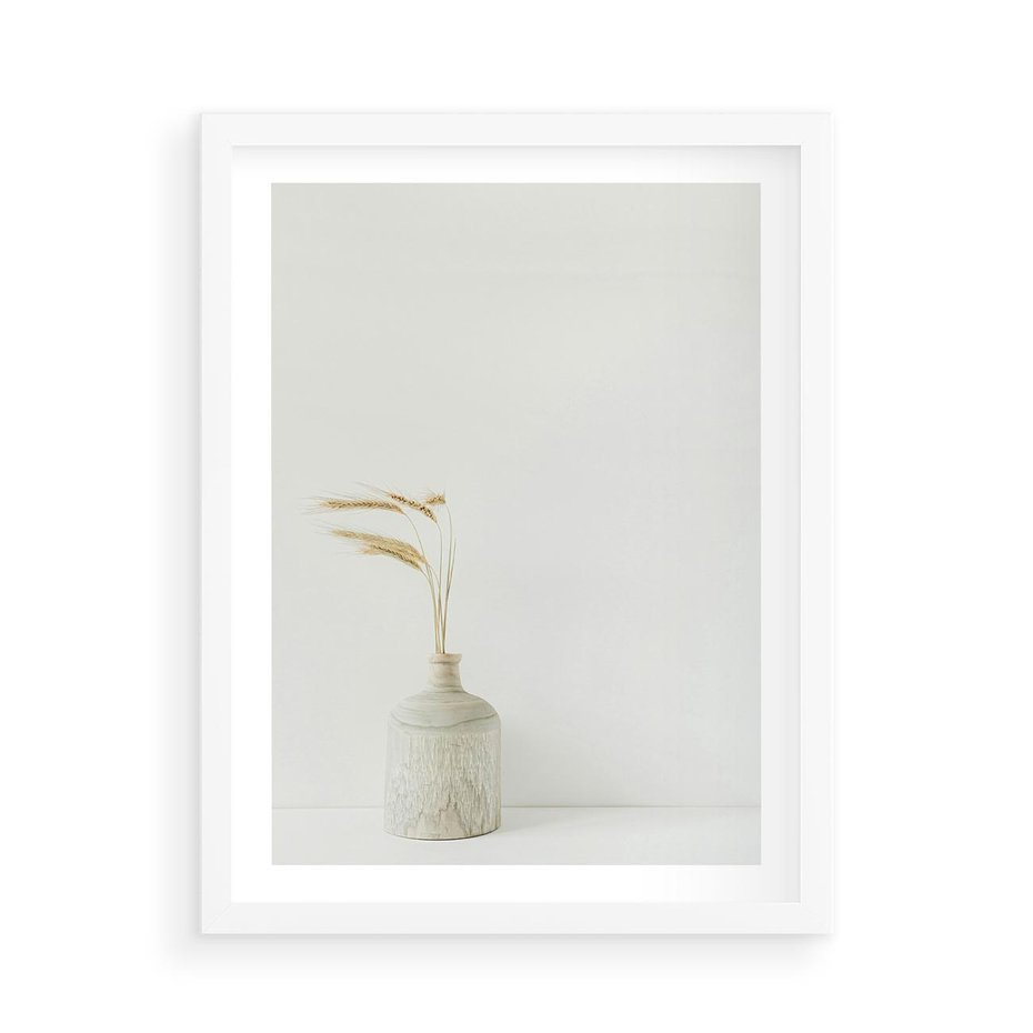 Plakat w ramie 50x70 - Sztuka Prostoty - minimalistyczny wazon, źdźbła traw - rama biała