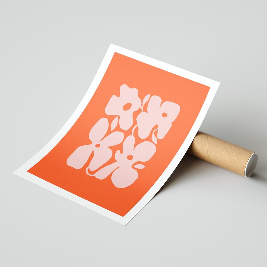 Plakat bez ramy 50x70 - Taniec Abstrakcji - kwiaty, energetyczne pomarańczowe tłó