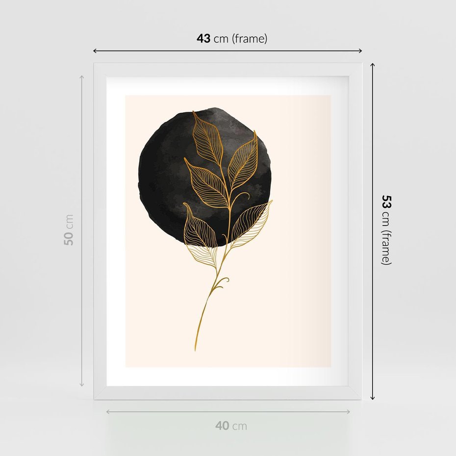 Plakat w ramie 40x50 - Złoty Liść na Czarnej Plamie - grafika, złoty liść - rama biała