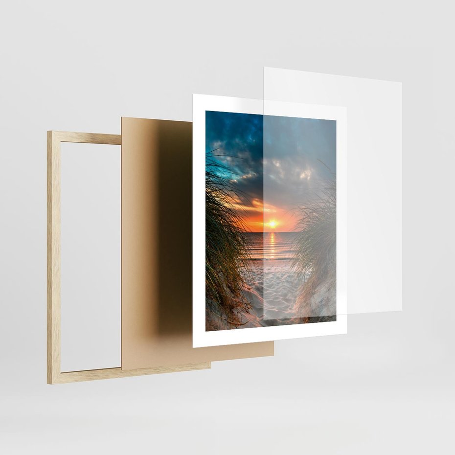 Plakat w ramie 40x50 - Magia zachodu słońca na plaży - zachód, słońca - rama drewno