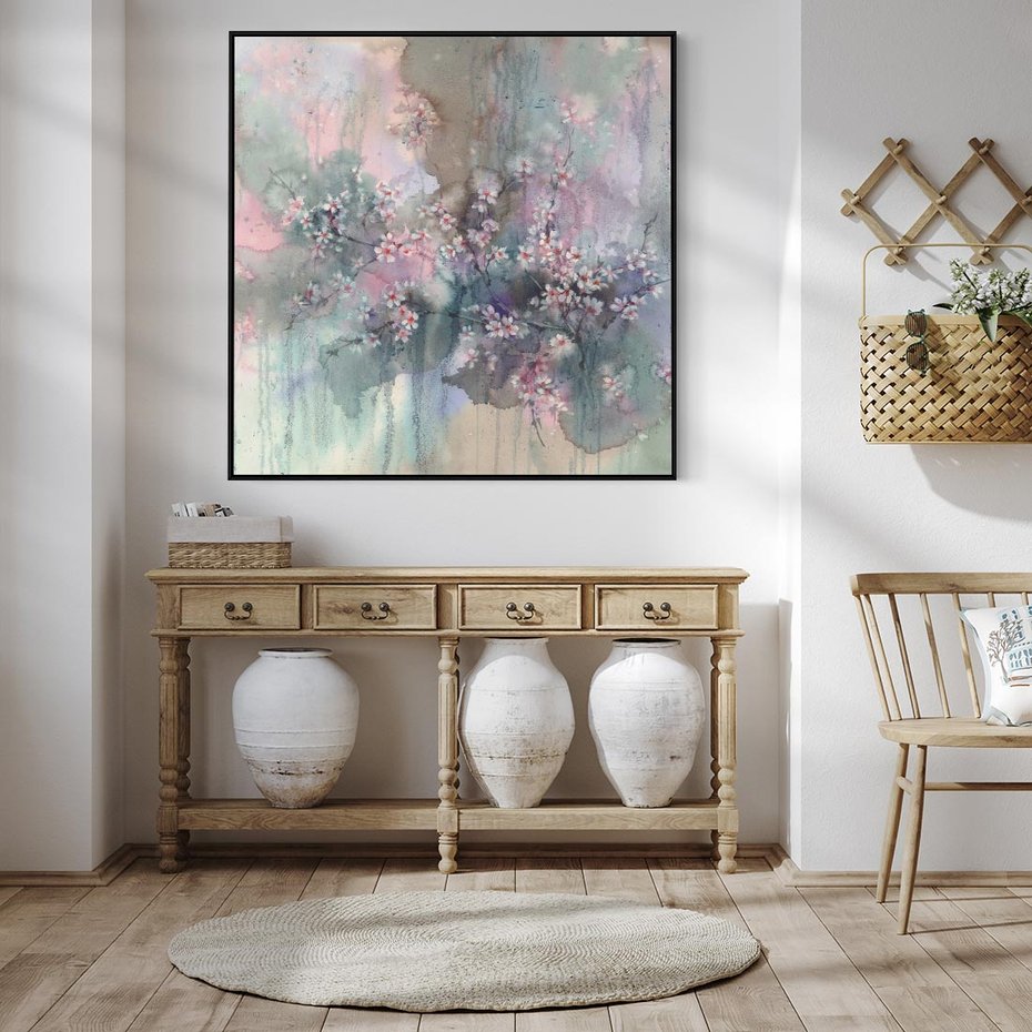 Obraz w ramie 50x50 - Efemeryczne Kwitnienie Drzew - akwarela, rozmyte pastelowe tłó - rama czarna