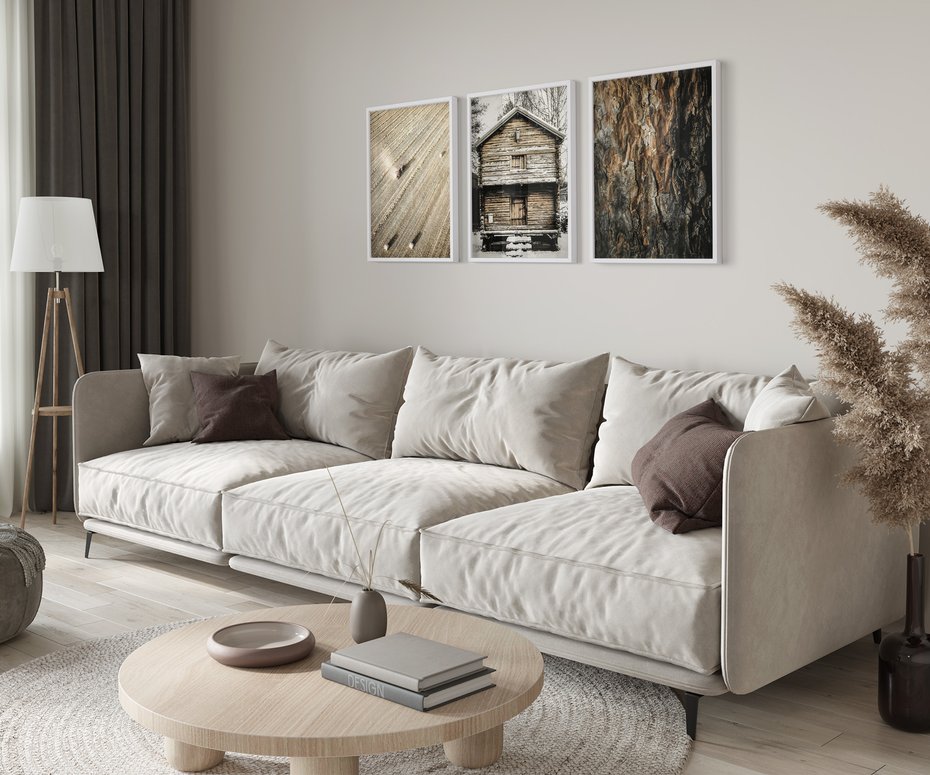 Zestaw obrazy w ramie 30x40 galeria - Górska, chatka, drewno, przytulnie - rama biała