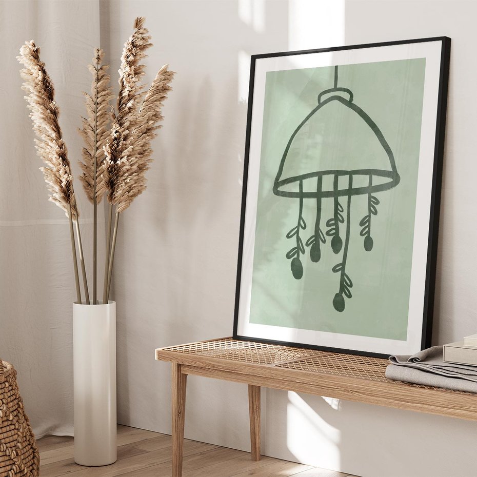 Plakat w ramie 50x70 - Zieleń Inspirującego Spokoju - plakat z abstrakcyjną zieloną lampą, skandynawski design - rama czarna