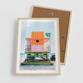 Plakat w ramie 50x70 - Plaża Miami w Słoneczny Dzień - domek ratownika, kolorowy - rama drewno