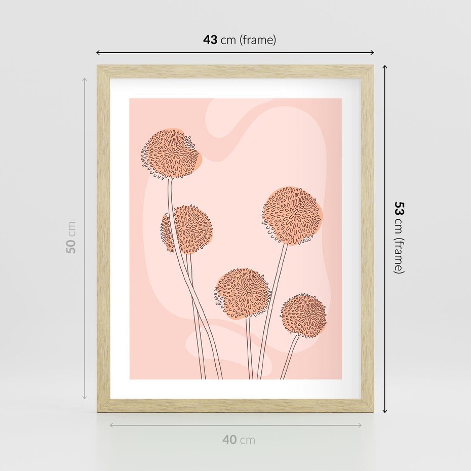 Plakat w ramie 40x50 - Rozkwitające Emocje - minimalistyczny plakat, pudrowe kwiaty - rama drewno