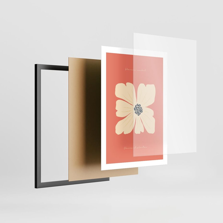 Plakat w ramie 50x70 - Malowane Kolorowe Echa - minimalistyczna grafika, biały kwiat na różowym tle - rama czarna