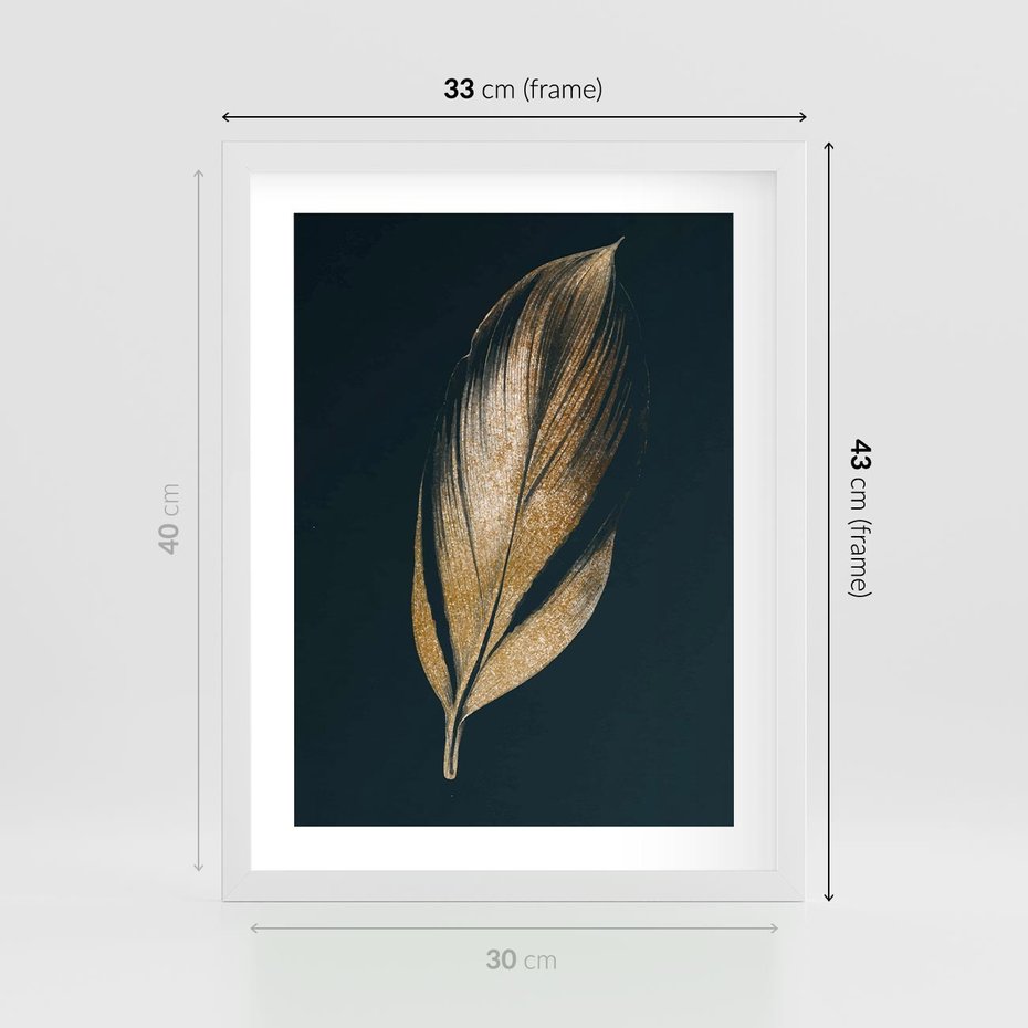 Plakat w ramie 30x40 - Mroczne Złoto - nowoczesna grafika, złoty liść na czarnym tle - rama biała