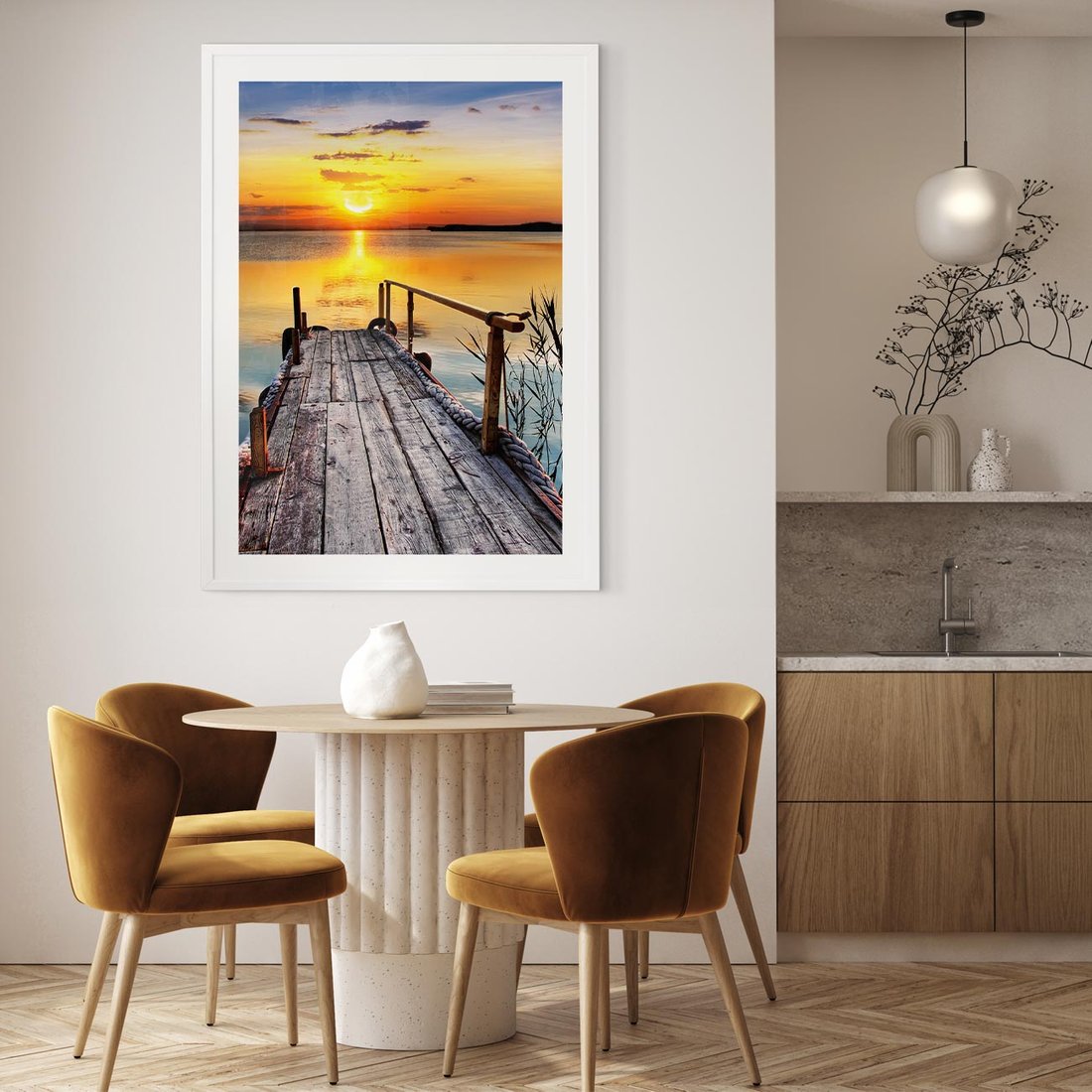 Plakat bez ramy 50x70 - Zachód nad jeziorem z pomostem - pomost, jezioro