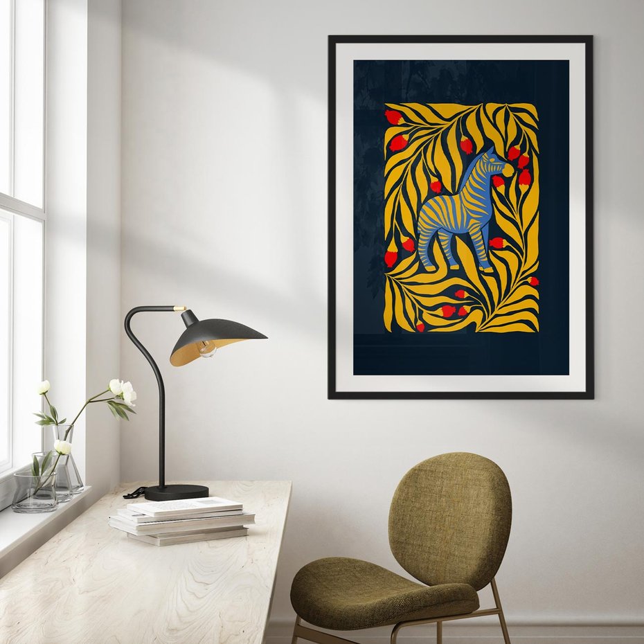 Plakat w ramie 40x50 - Wibracje Wyobraźni - zebra, granatowe tłó - rama czarna