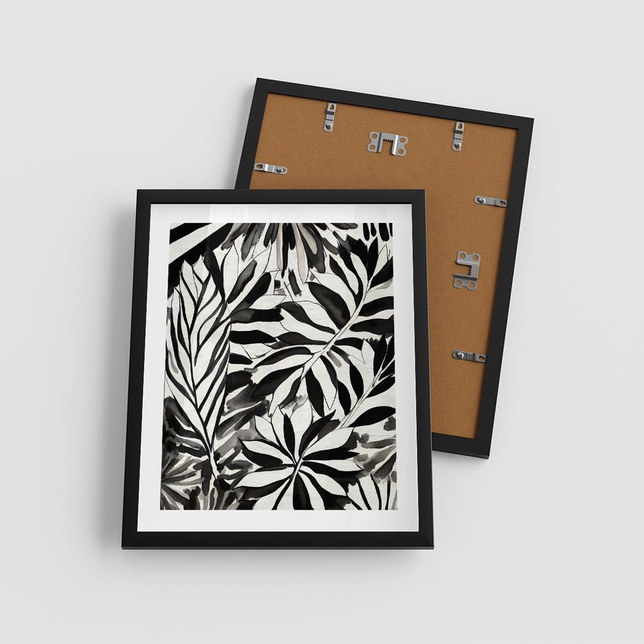 Plakat w ramie 40x50 - Czarne Liście - akwarelowy obraz, czarno biały - rama czarna