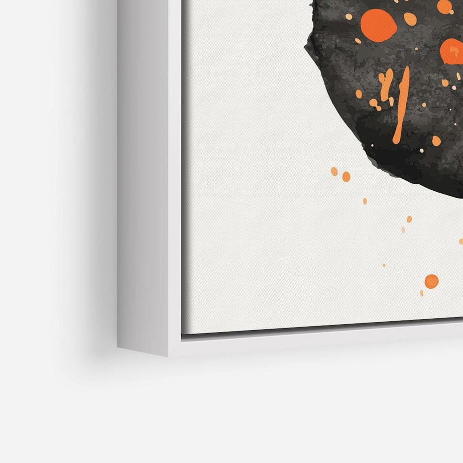 Obraz w ramie 50x50 - Impulsy Kreatywności - abstrakcyjna czarna plama, rozsiane pomarańczowe kropki - rama biała
