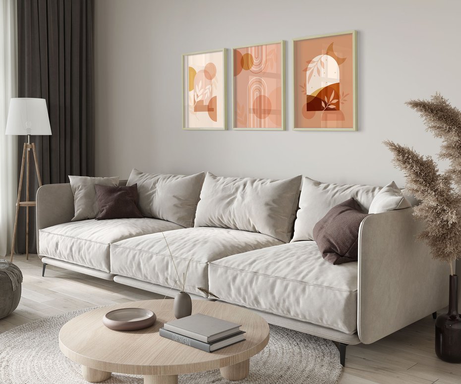 Zestaw obrazy w ramie 50x70 galeria - Boho, graficzne, rude - rama drewno