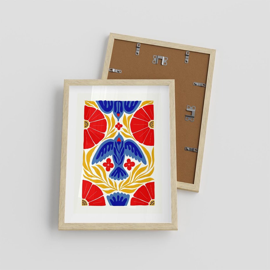 Plakat w ramie 30x40 - Eklektyczny Majestat - wyrazista grafika, mocne kolory czerwień niebieski żółty - rama drewno