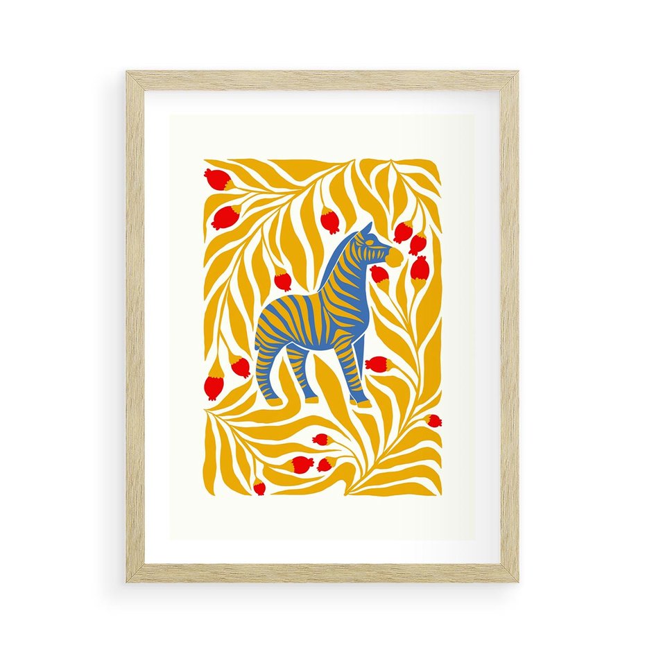 Plakat w ramie 50x70 - Zebra w Nowoczesności - abstrakcyjna nowoczesna grafika, pośrodku zebra - rama drewno