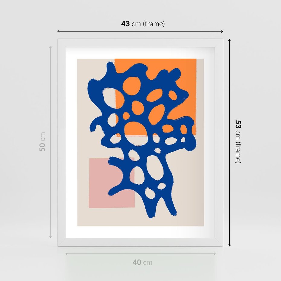 Plakat w ramie 40x50 - Migotliwe Nastroje - abstrakcyjna niebieska forma, dziwne kształty - rama biała