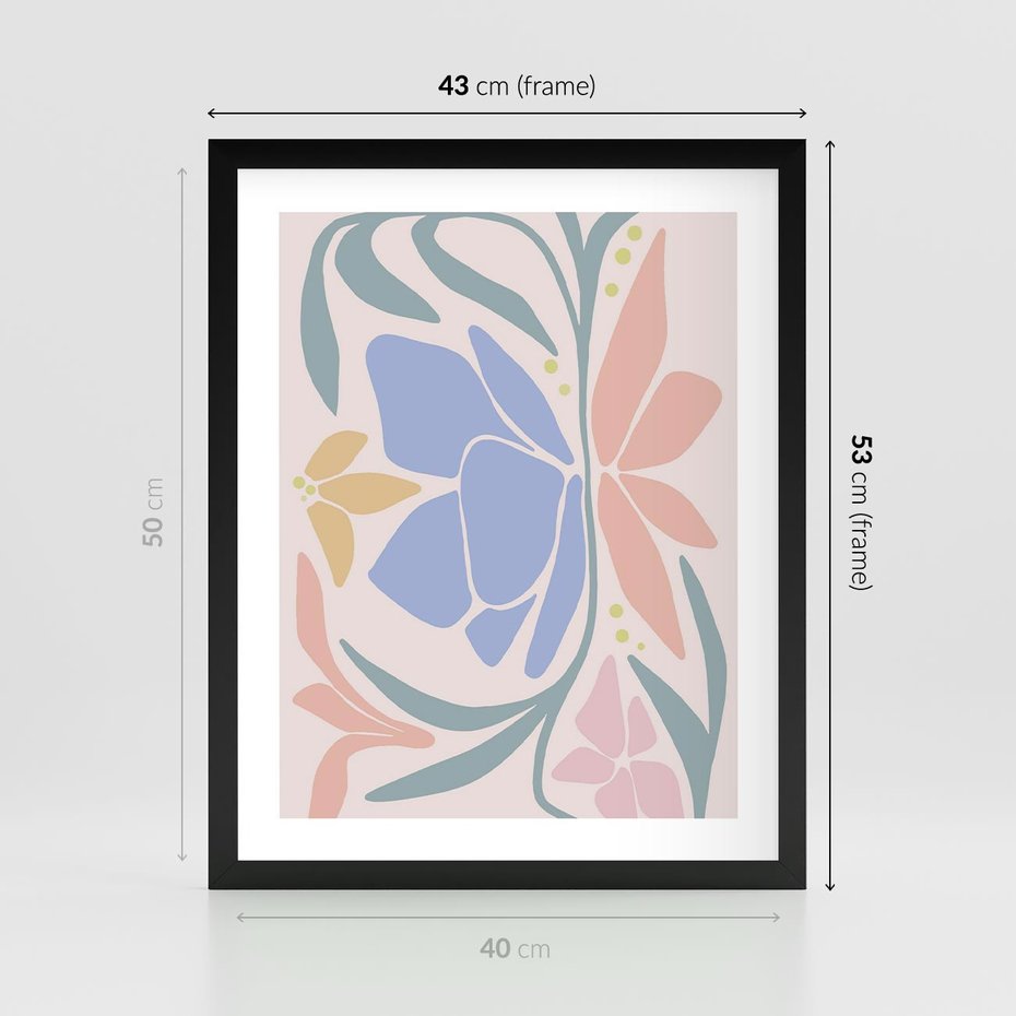 Plakat w ramie 40x50 - Pastele Kwiatowych Plam - pastelowe kwiaty, na beżowym tle - rama czarna