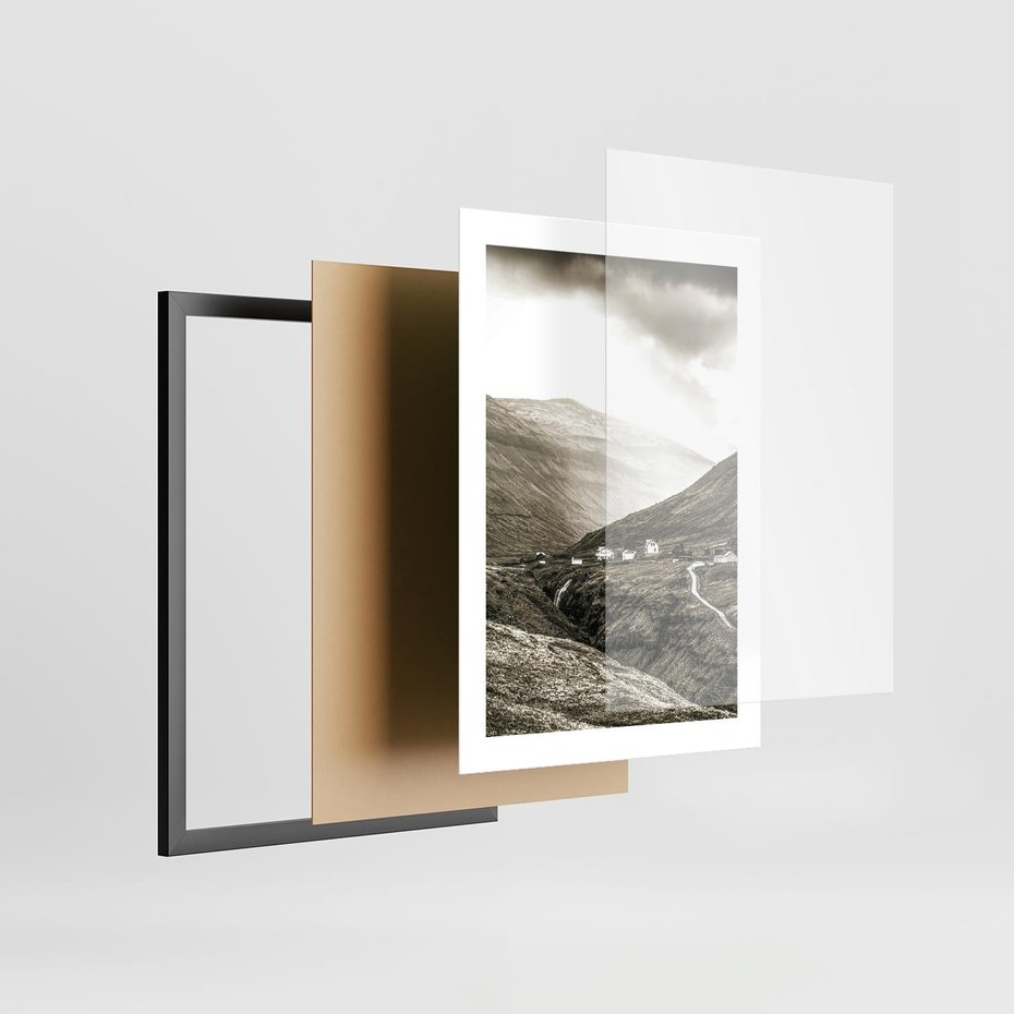 Plakat w ramie 30x40 - Domki w Górach - czarno biała fotografia, górski pejzaż - rama czarna