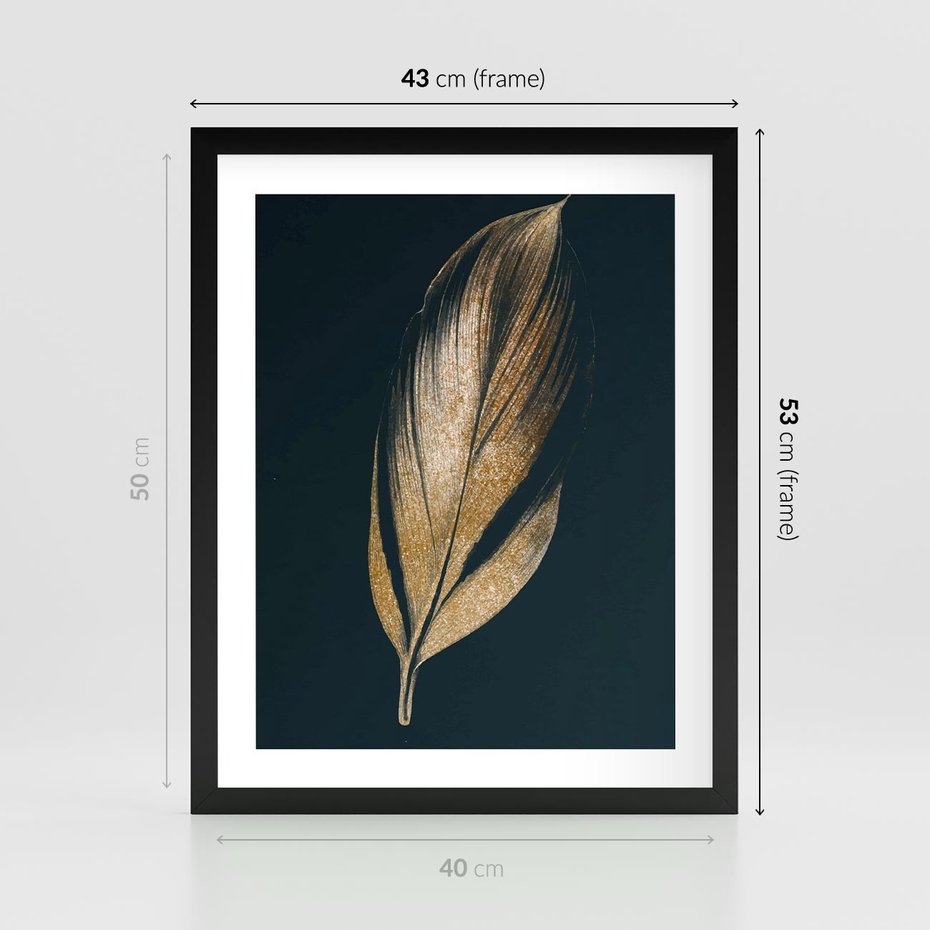 Plakat w ramie 40x50 - Mroczne Złoto - nowoczesna grafika, złoty liść na czarnym tle - rama czarna