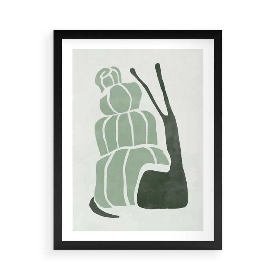 Plakat w ramie 50x70 - Zielona Równowaga - abstrakcyjny zielony ślimak, skandynawski design - rama czarna