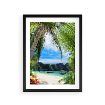 Plakat w ramie 50x70 - Palmy tańczące na tropikalnej plaży - palmy, plaża - rama czarna