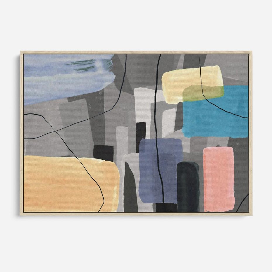 Obraz w ramie 120x80 - Harmonia w chaosie serca - abstrakcja na szarym tle, kolorowe plamy koloru - rama drewno