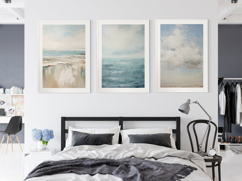 Zestaw obrazy w ramie 30x40 galeria - morze, niebo, akwarela, plaża - rama biała