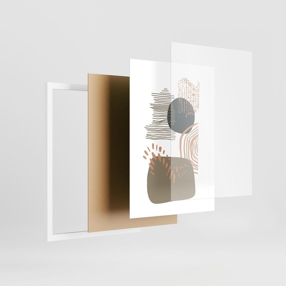 Plakat w ramie 50x70 - Taniec Plam - abstrakcyjna kompozycja z kropek kresek i kółek, odcienie brązu i beżu - rama biała